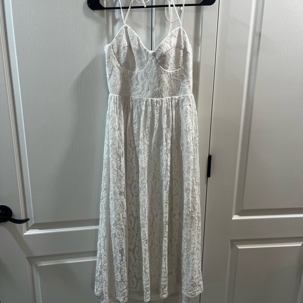 Lulu's White Lace Strapless Midi Dress